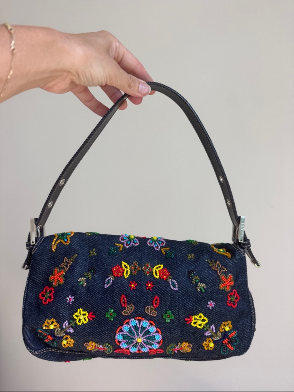 Vintage Fendi Denim Beaded Baguette Bag ✨ Rare Y2K Embellished Shoulder Bag - Picture 4 of 14